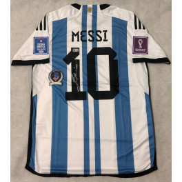 LEO MESSI Hand Signed 2022 World Cup Argentina  Jersey + Beckett Coa